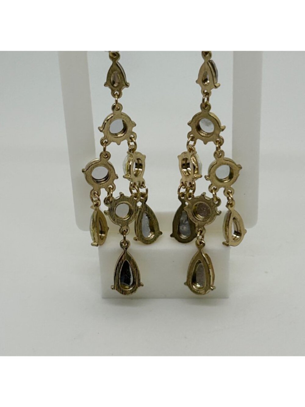 Vintage Gold Tone Aurora Borealis Earrings Acrylic Rhinestone Chandelier Dangle - Picture 7 of 10